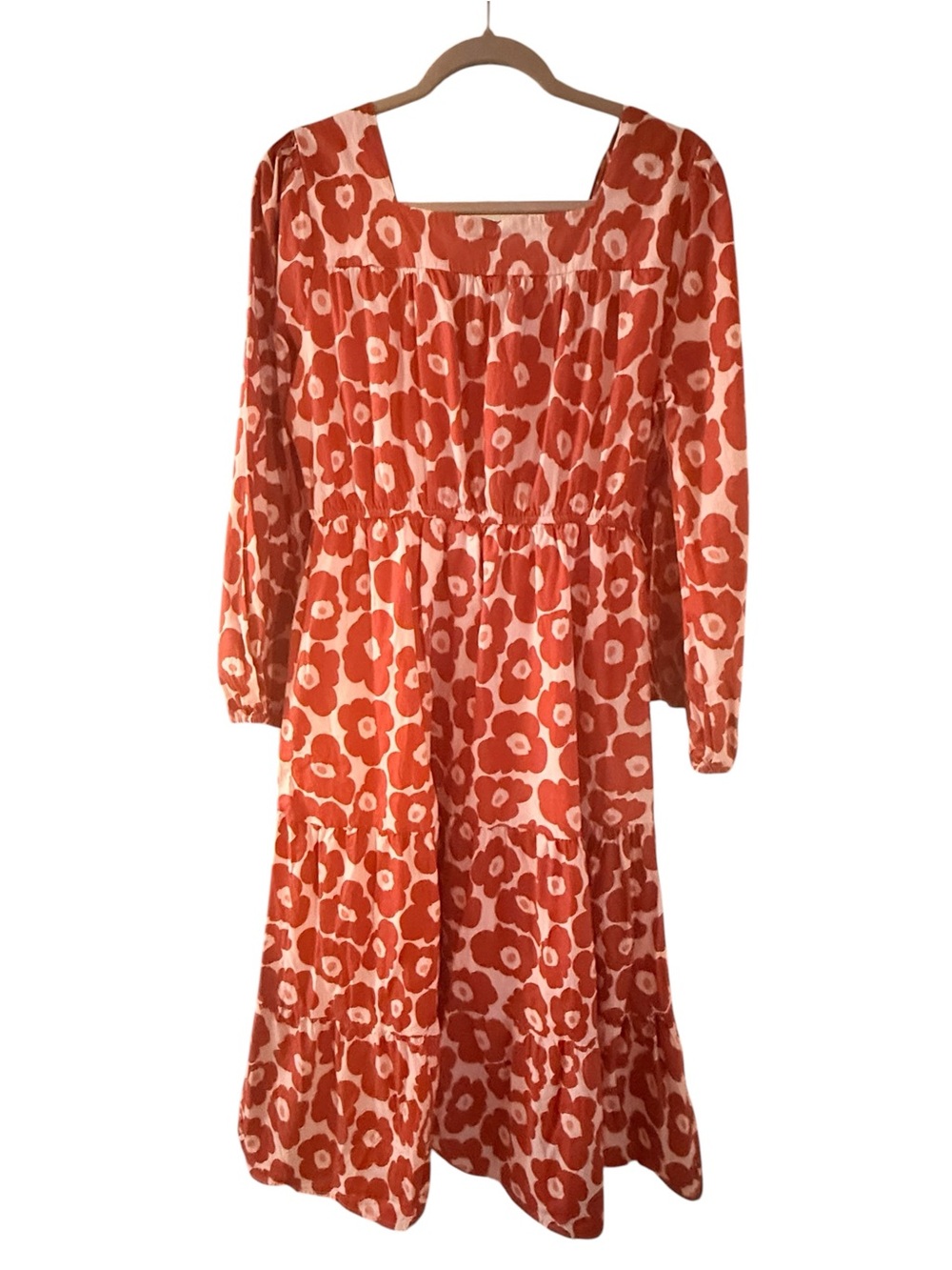 Hayden Washed Red and Peach Abstract Floral Long Sleeve Tiered Midi Dress Sz L